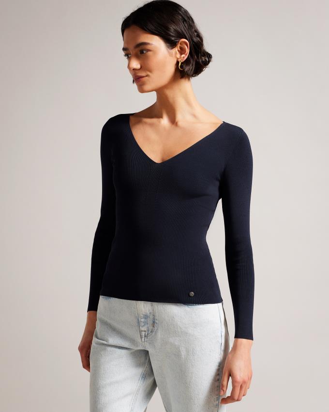 Najfatalniejszy Damskie Ted Baker V Neck Slim Fit Knit Ciemny Niebieskie Polska | PL-OWCGZ6018