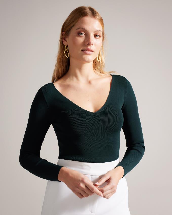 Najfatalniejszy Damskie Ted Baker V Neck Slim Fit Knit Ciemny Zielone Polska | PL-YRLES6149