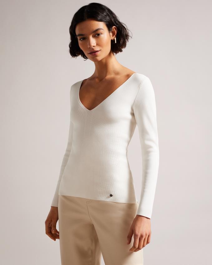 Najfatalniejszy Damskie Ted Baker V Neck Slim Fit Knit Białe Polska | PL-LCDTJ1326