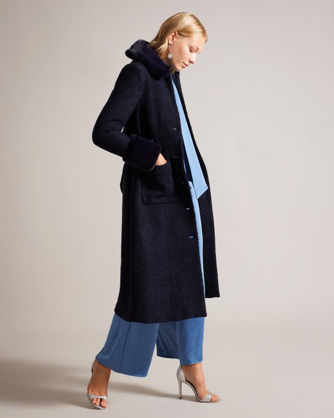 Płaszcz Damskie Ted Baker Longline Wool Blend With Faux Fur Ciemny Niebieskie Polska | PL-RKDVO0785