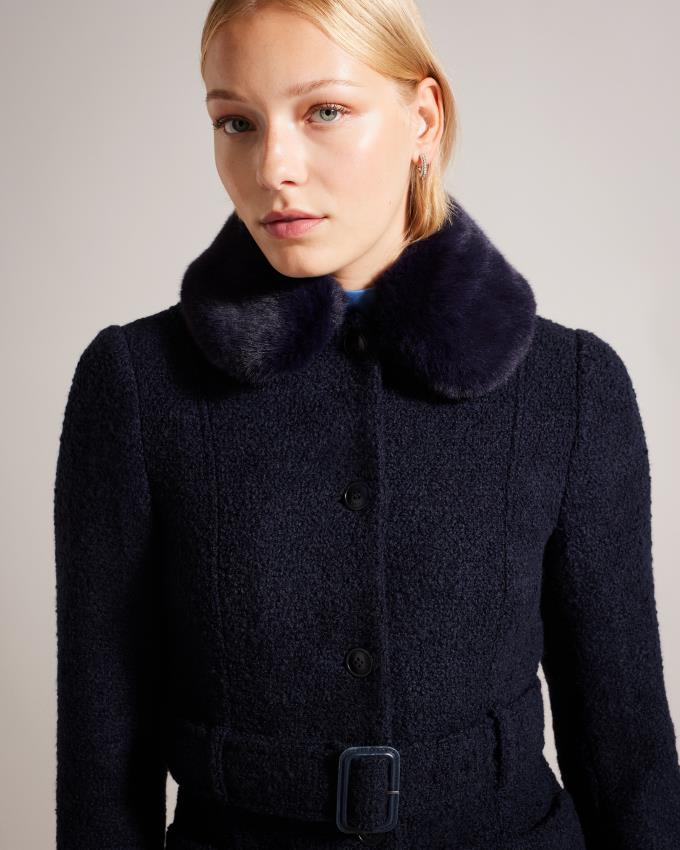 Płaszcz Damskie Ted Baker Longline Wool Blend With Faux Fur Ciemny Niebieskie Polska | PL-RKDVO0785
