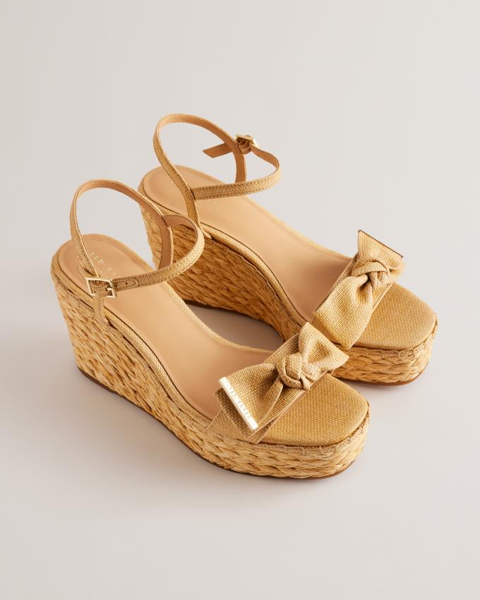 Sandały Damskie Ted Baker Raffia Bow Detail Wedge Beżowe Polska | PL-JEMGS8934