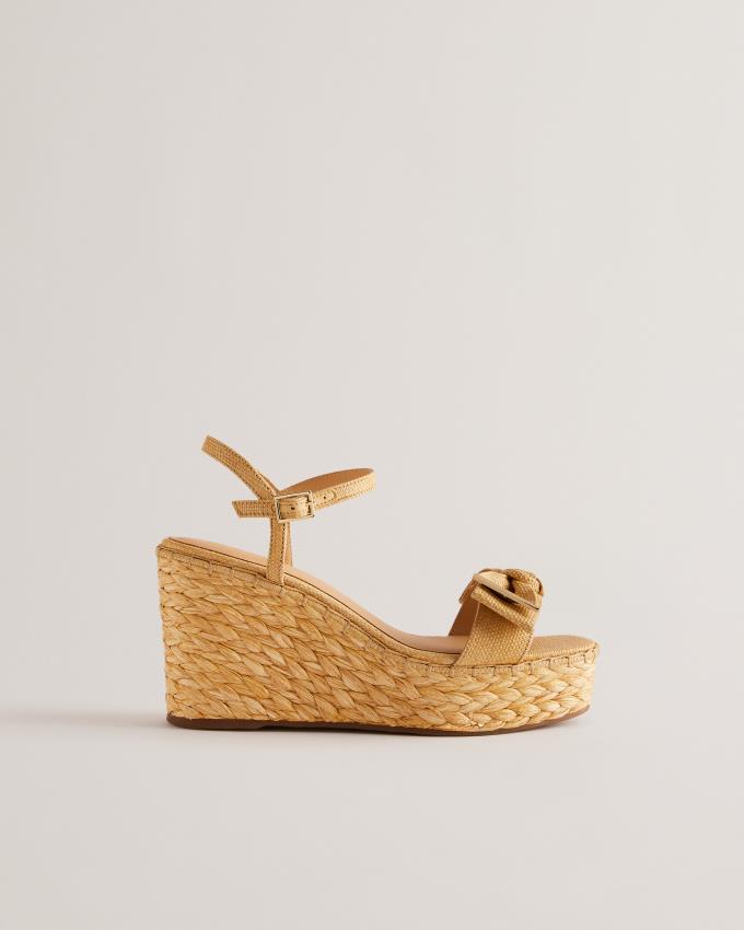 Sandały Damskie Ted Baker Raffia Bow Detail Wedge Beżowe Polska | PL-JEMGS8934