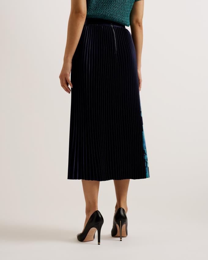 Spódnica Damskie Ted Baker Floral Print Satin Pleated Midi Granatowe Polska | PL-PFHVW4209