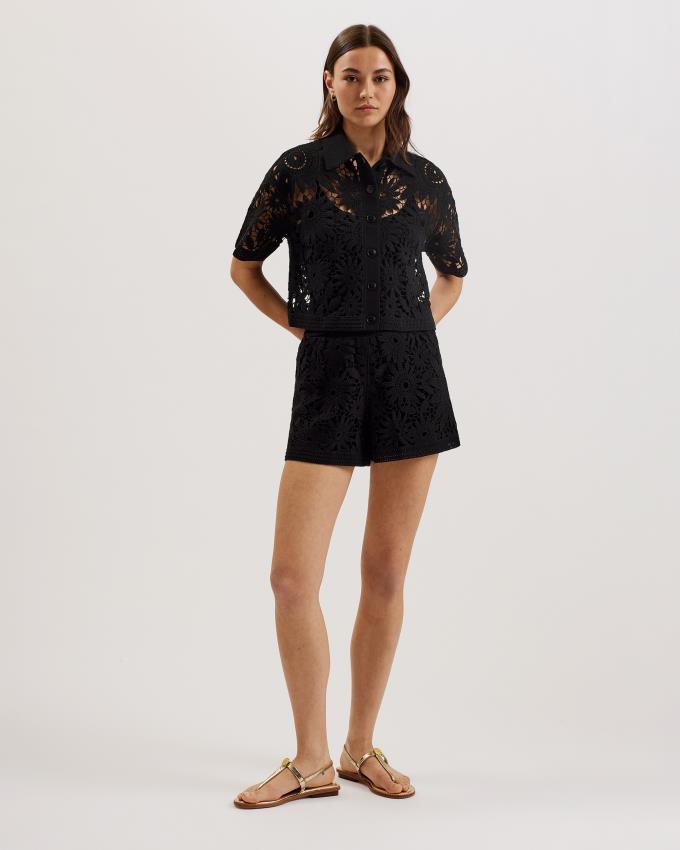 Spodenki Damskie Ted Baker Floral Crochet Knitted Czarne Polska | PL-YHROM6408