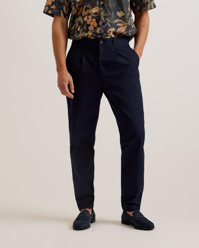 Spodnie Męskie Ted Baker Tapered Fit Pleated Cotton Granatowe Polska | PL-EBKQZ9567