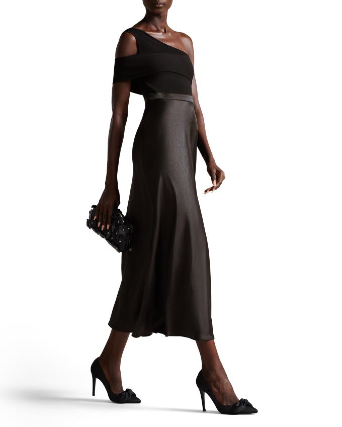 Sukienka Damskie Ted Baker Asymmetric Knit Bodice With Satin Czarne Polska | PL-PSOHR8172