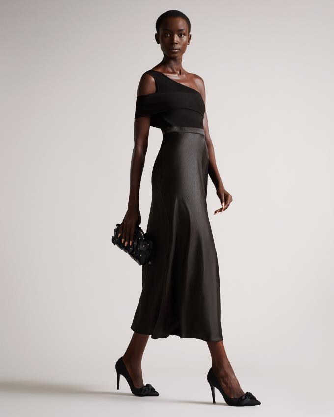 Sukienka Damskie Ted Baker Asymmetric Knit Bodice With Satin Czarne Polska | PL-PSOHR8172