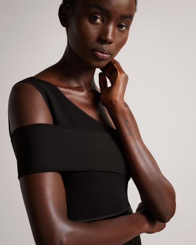 Sukienka Damskie Ted Baker Asymmetric Knit Bodice With Satin Czarne Polska | PL-PSOHR8172