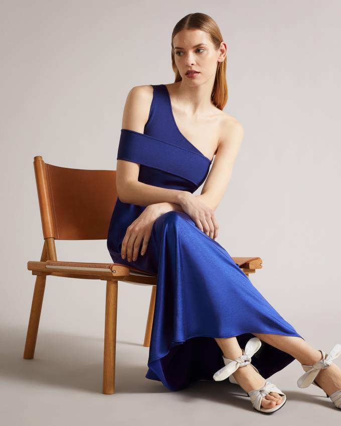 Sukienka Damskie Ted Baker Asymmetric Knit Bodice With Satin Ciemny Niebieskie Polska | PL-UACWR2194