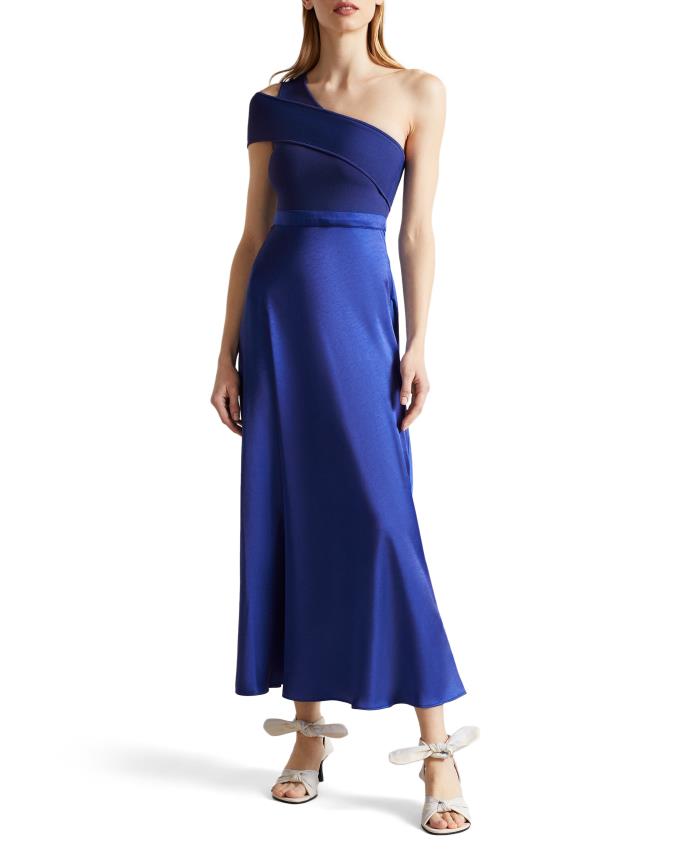 Sukienka Damskie Ted Baker Asymmetric Knit Bodice With Satin Ciemny Niebieskie Polska | PL-UACWR2194