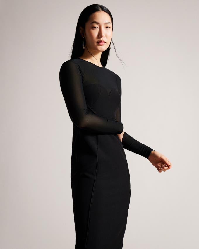 Sukienka Damskie Ted Baker Bodycon Midi With Sheer Sleeves Czarne Polska | PL-NEJZT1572