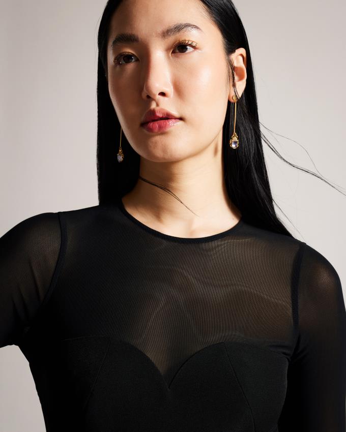 Sukienka Damskie Ted Baker Bodycon Midi With Sheer Sleeves Czarne Polska | PL-NEJZT1572