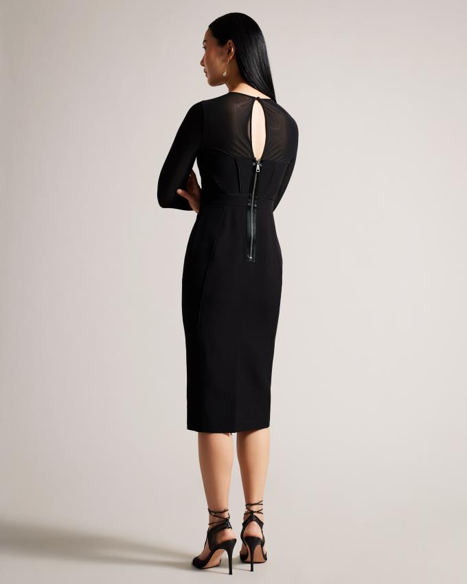 Sukienka Damskie Ted Baker Bodycon Midi With Sheer Sleeves Czarne Polska | PL-NEJZT1572