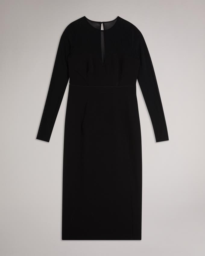 Sukienka Damskie Ted Baker Bodycon Midi With Sheer Sleeves Czarne Polska | PL-NEJZT1572
