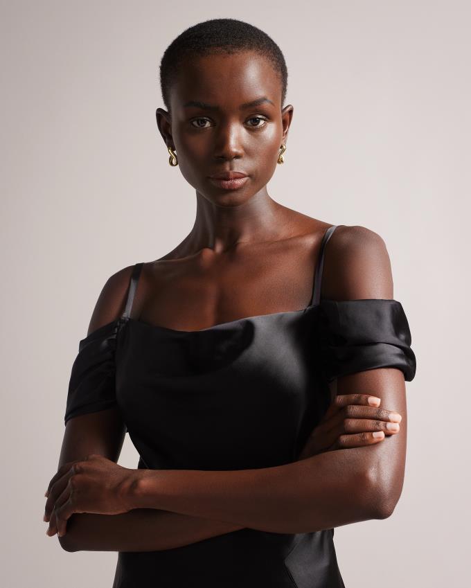 Sukienka Damskie Ted Baker Cold Shoulder Cowl Front Midi Slip Czarne Polska | PL-JTUKB2895
