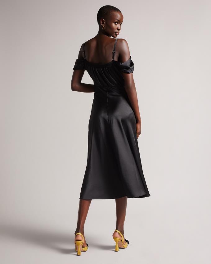Sukienka Damskie Ted Baker Cold Shoulder Cowl Front Midi Slip Czarne Polska | PL-JTUKB2895