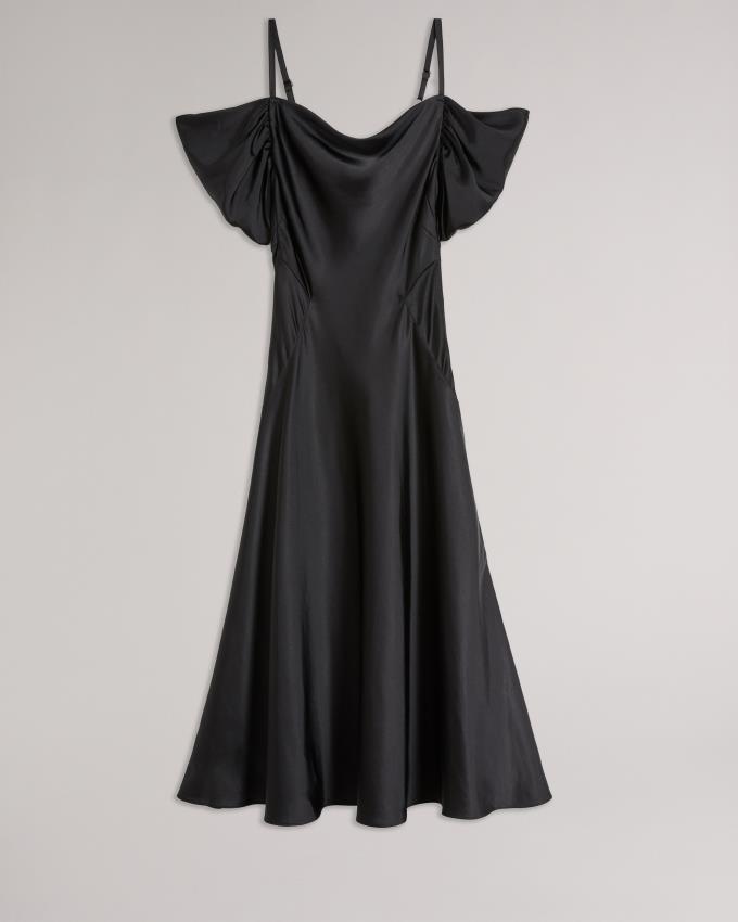Sukienka Damskie Ted Baker Cold Shoulder Cowl Front Midi Slip Czarne Polska | PL-JTUKB2895