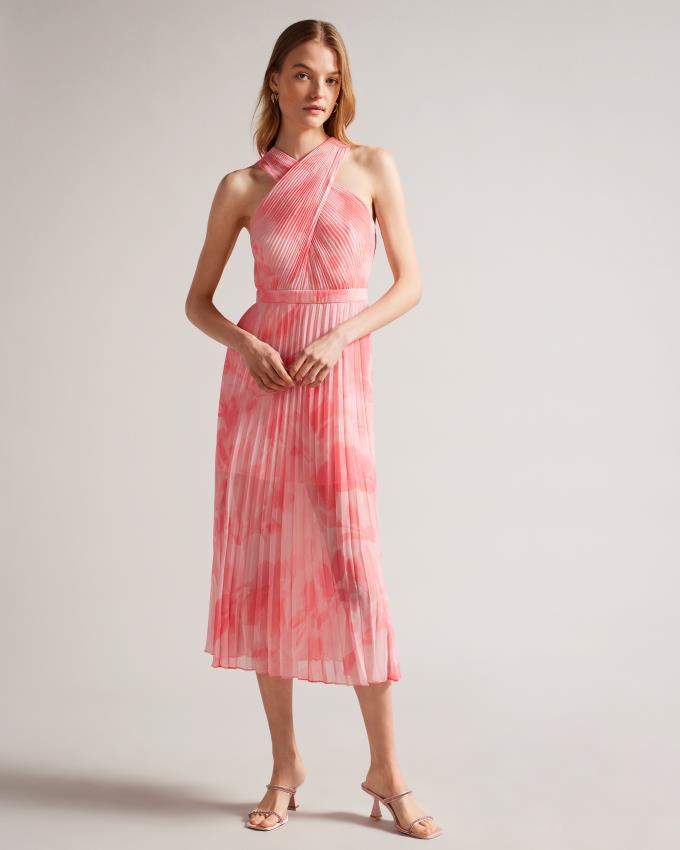Sukienka Damskie Ted Baker Cross Front Pleated Midi Koralowe Polska | PL-MFAKB9238
