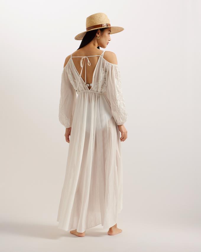 Sukienka Damskie Ted Baker Embroidered Cold Shoulder Maxi Cover Up Białe Polska | PL-KIZDP9035