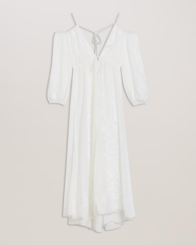Sukienka Damskie Ted Baker Embroidered Cold Shoulder Maxi Cover Up Białe Polska | PL-KIZDP9035