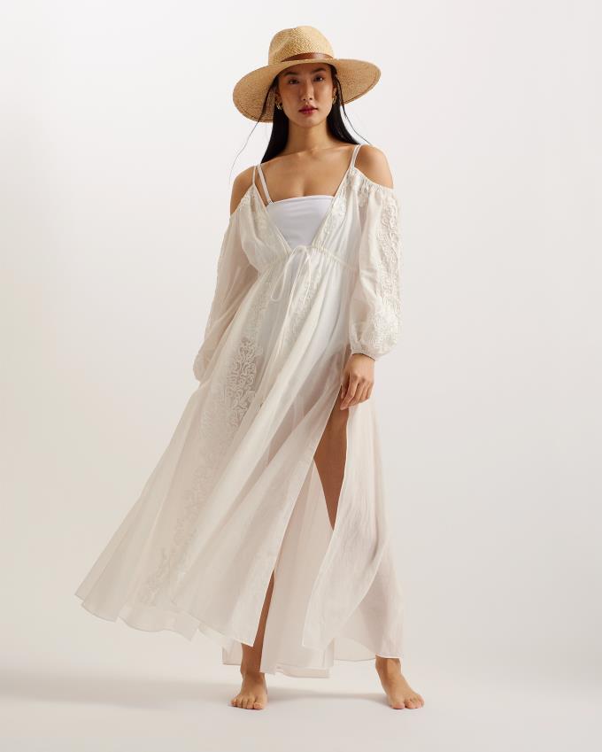 Sukienka Damskie Ted Baker Embroidered Cold Shoulder Maxi Cover Up Białe Polska | PL-KIZDP9035