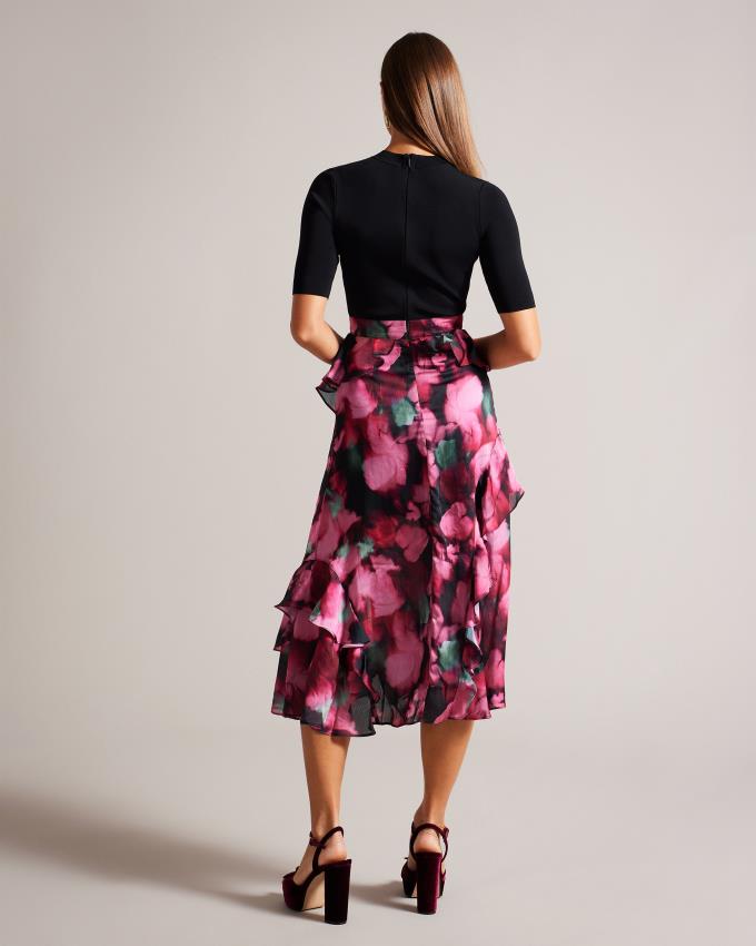Sukienka Damskie Ted Baker Fitted Knit Bodice With Ruffle Czarne Polska | PL-CXVSZ0162