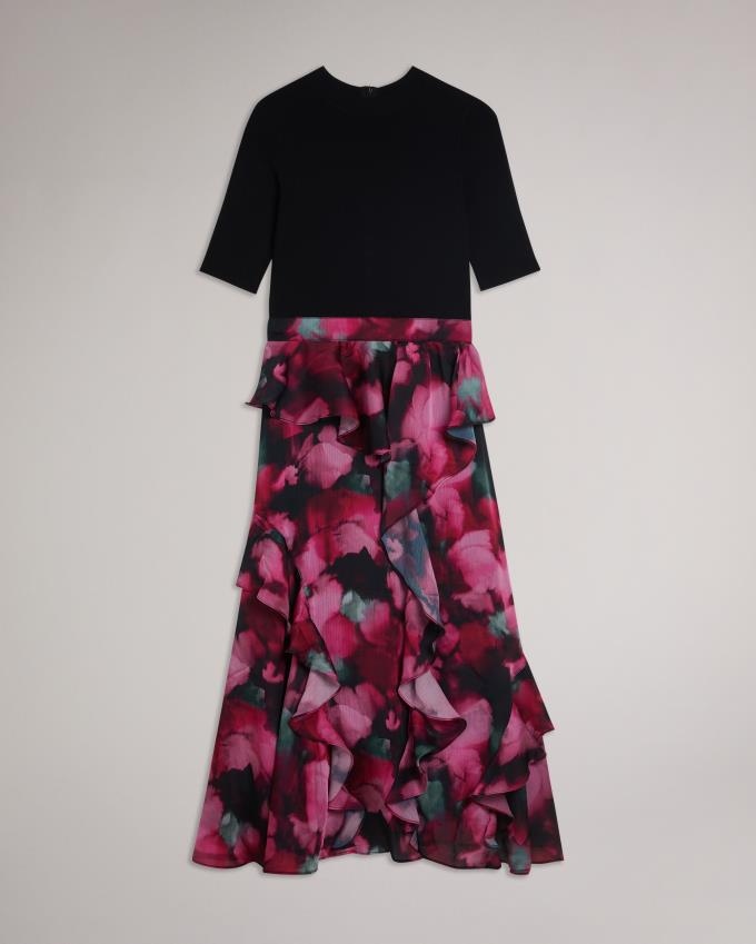 Sukienka Damskie Ted Baker Fitted Knit Bodice With Ruffle Czarne Polska | PL-CXVSZ0162