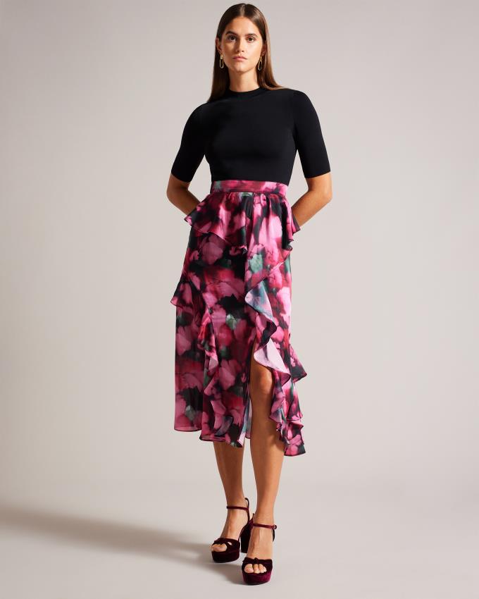 Sukienka Damskie Ted Baker Fitted Knit Bodice With Ruffle Czarne Polska | PL-CXVSZ0162