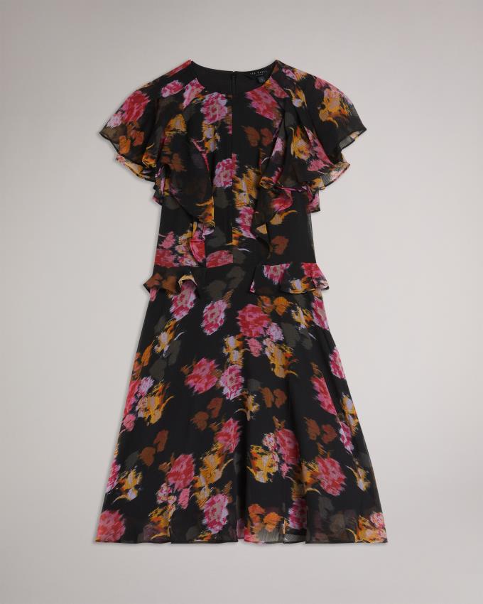 Sukienka Damskie Ted Baker Floral Angel Sleeve Mini Czarne Polska | PL-KNSFM0851