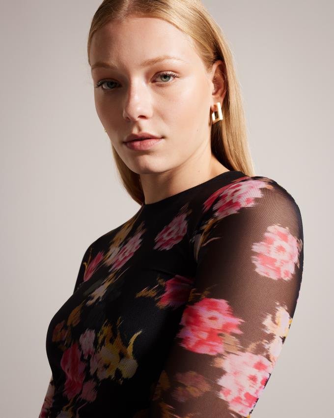 Sukienka Damskie Ted Baker Floral Bodycon With Drawcord Czarne Polska | PL-PMDCS8930