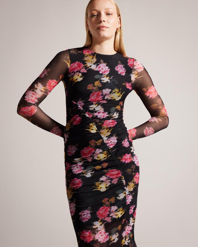 Sukienka Damskie Ted Baker Floral Bodycon With Drawcord Czarne Polska | PL-PMDCS8930