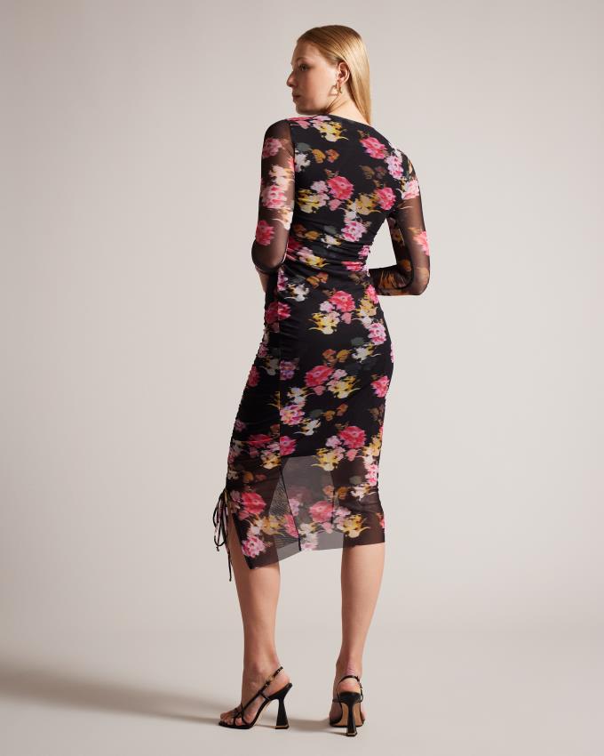 Sukienka Damskie Ted Baker Floral Bodycon With Drawcord Czarne Polska | PL-PMDCS8930