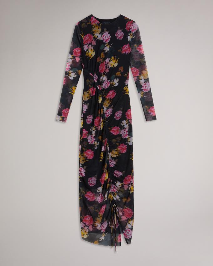 Sukienka Damskie Ted Baker Floral Bodycon With Drawcord Czarne Polska | PL-PMDCS8930
