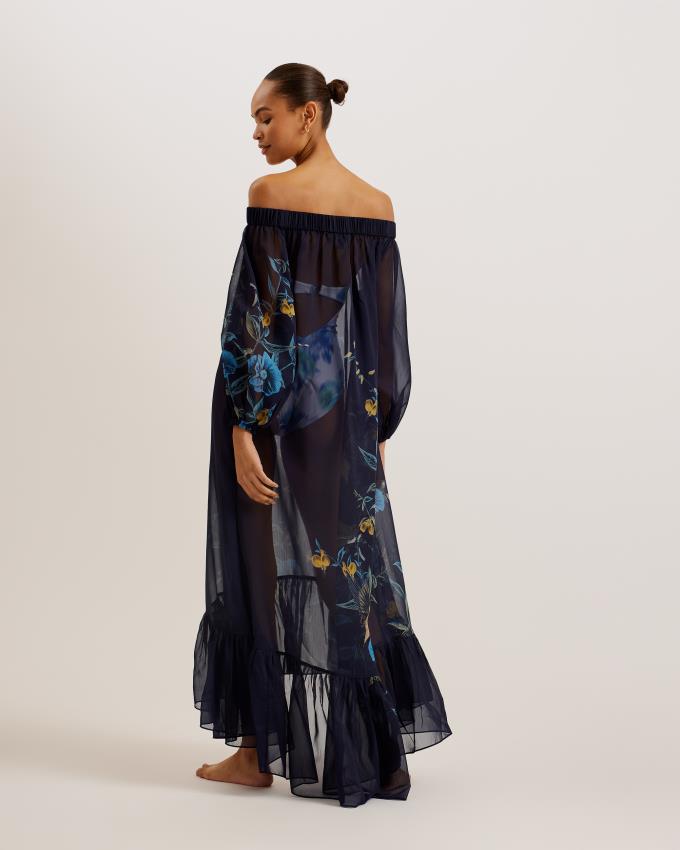 Sukienka Damskie Ted Baker Floral Off The Shoulder Maxi Beach Granatowe Polska | PL-CRPHF6041