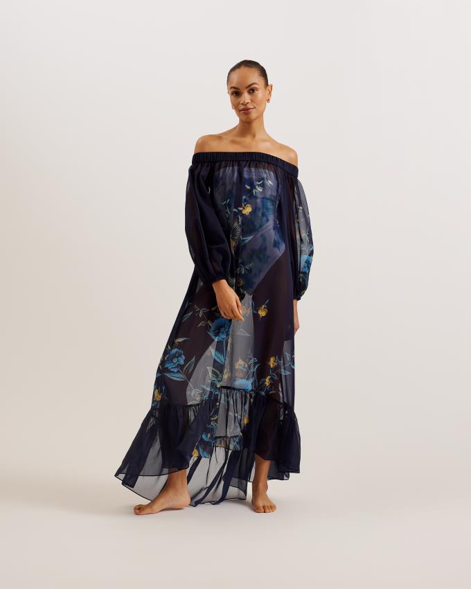 Sukienka Damskie Ted Baker Floral Off The Shoulder Maxi Beach Granatowe Polska | PL-CRPHF6041