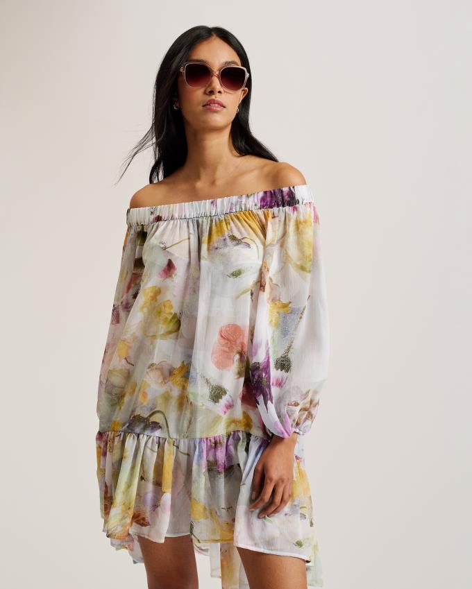 Sukienka Damskie Ted Baker Floral Print Off The Shoulder Cover Up Białe Polska | PL-CGBDQ7261