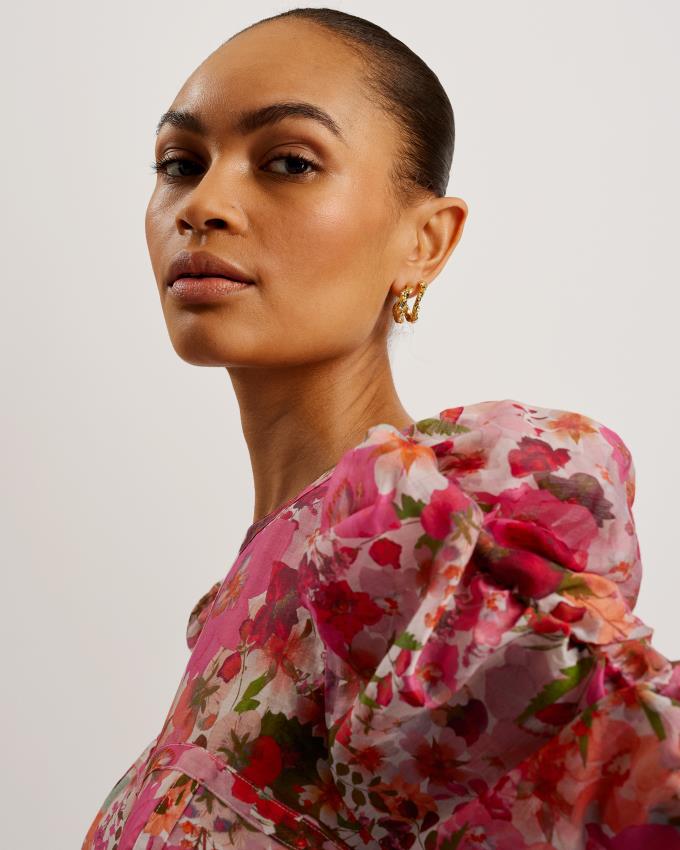 Sukienka Damskie Ted Baker Floral Print Puff Sleeve Midi Różowe Polska | PL-ZWNHT0328