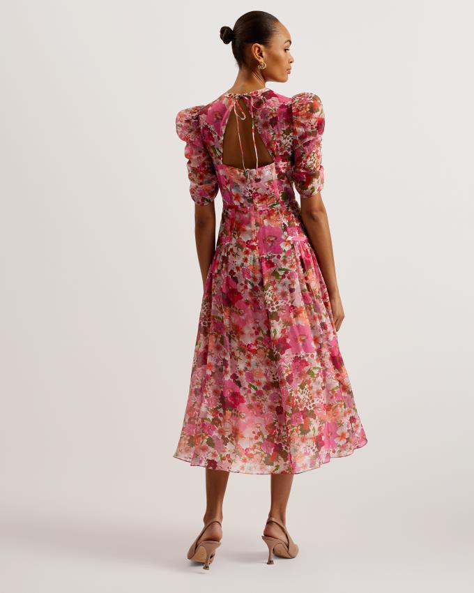 Sukienka Damskie Ted Baker Floral Print Puff Sleeve Midi Różowe Polska | PL-ZWNHT0328
