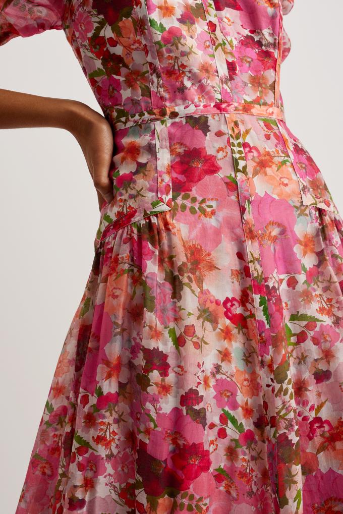 Sukienka Damskie Ted Baker Floral Print Puff Sleeve Midi Różowe Polska | PL-ZWNHT0328