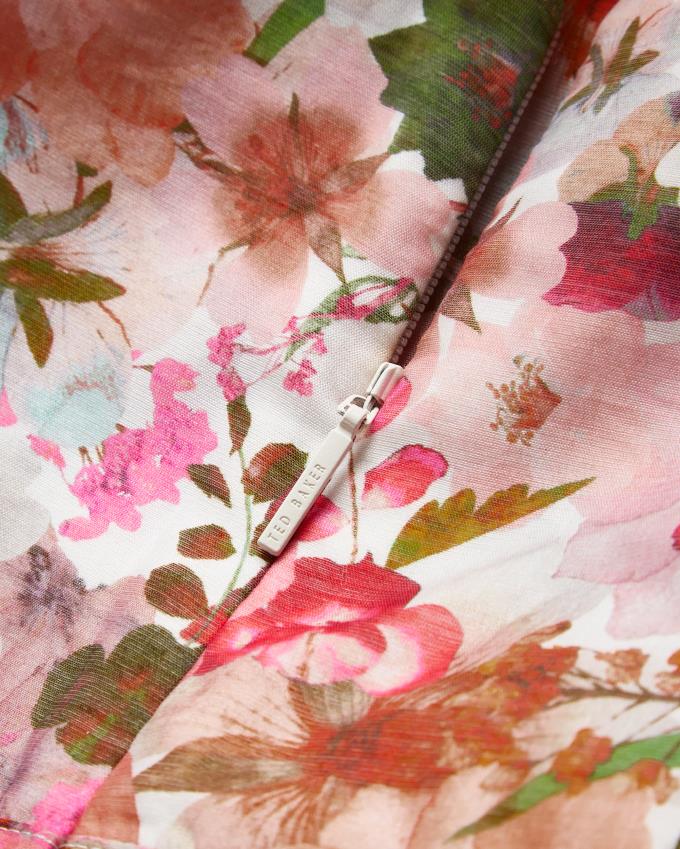 Sukienka Damskie Ted Baker Floral Print Puff Sleeve Midi Różowe Polska | PL-ZWNHT0328