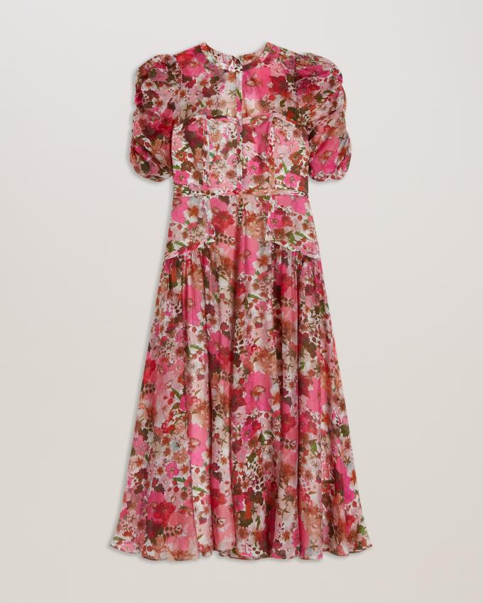 Sukienka Damskie Ted Baker Floral Print Puff Sleeve Midi Różowe Polska | PL-ZWNHT0328