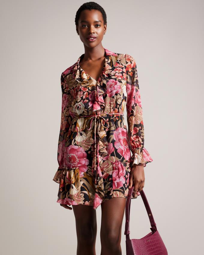 Sukienka Damskie Ted Baker Floral Ruffled Mini Czarne Polska | PL-RFIKE1806