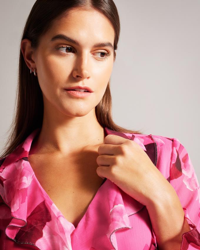 Sukienka Damskie Ted Baker Floral Ruffled Mini Głęboka Różowe Polska | PL-LCJEH5469