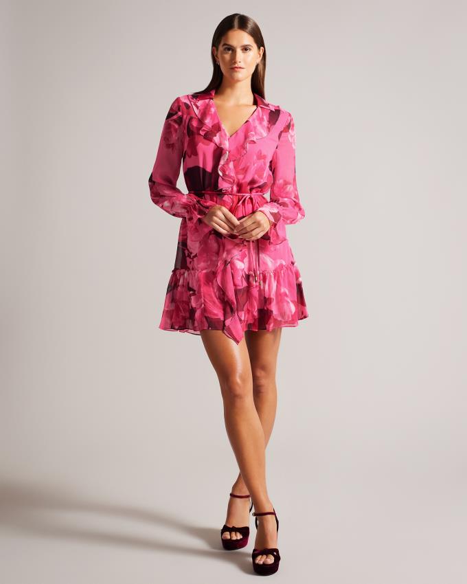 Sukienka Damskie Ted Baker Floral Ruffled Mini Głęboka Różowe Polska | PL-LCJEH5469