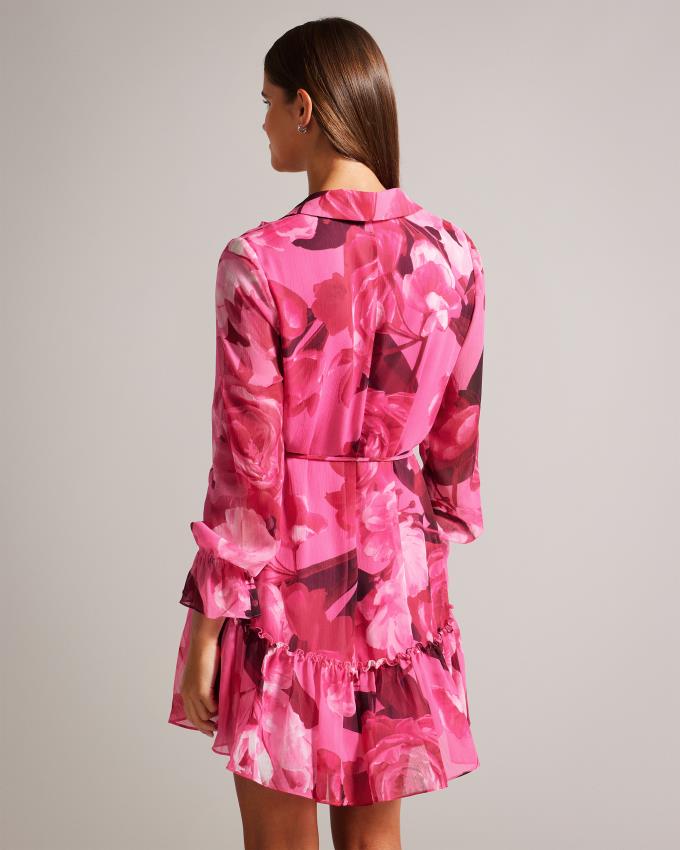Sukienka Damskie Ted Baker Floral Ruffled Mini Głęboka Różowe Polska | PL-LCJEH5469