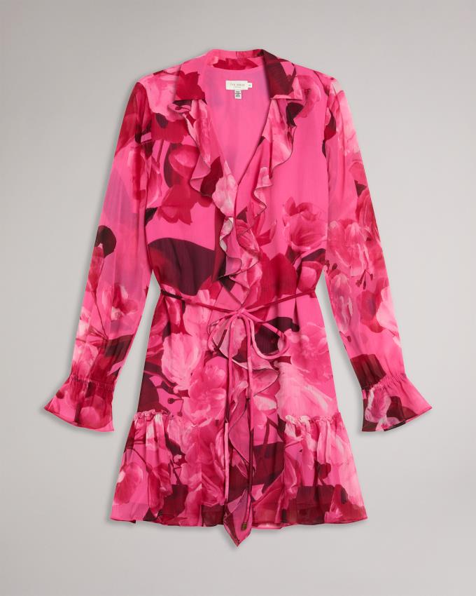 Sukienka Damskie Ted Baker Floral Ruffled Mini Głęboka Różowe Polska | PL-LCJEH5469