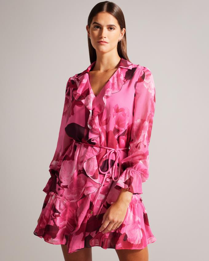 Sukienka Damskie Ted Baker Floral Ruffled Mini Głęboka Różowe Polska | PL-LCJEH5469