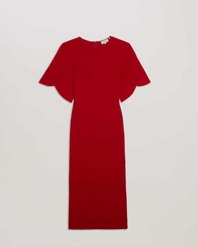 Sukienka Damskie Ted Baker Fluted Sleeve Knitted Bodycon Midi Czerwone Polska | PL-BPSCG5298