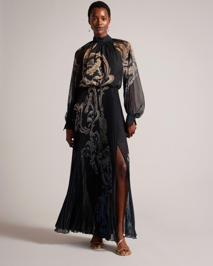 Sukienka Damskie Ted Baker Gilded Floral Maxi With Pleated Niebieskie Polska | PL-JMXPY6710